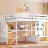 Full Size Loft Bed with Desk and Shelves, Two Built-in Drawers, Storage Staircase, White and Natural