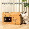 Cat Scratcher House with Bed and 2 Hanging Ball Toys, Wooden Cat Cave with Corrugated Scratching Board, Cute Fish and Heart Design Cat Hideaway Furnit