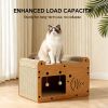 Cat Scratcher House with Bed and 2 Hanging Ball Toys, Wooden Cat Cave with Corrugated Scratching Board, Cute Fish and Heart Design Cat Hideaway Furnit