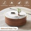 Modern Round Movable Coffee Table with Casters, 2 Drawers, Marble Pattern Sintered Stone Top, Walnut, 29.5"