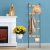 10-Tier Wooden Blanket Ladder with 5 Removable Hooks, Farmhouse Wall-Mounted Quilt Rack & Freestanding Towel Storage Shelf for Living Room and Bathroo