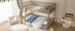 Full XL over Queen Bunk Bed with Ladder and Guardrails, Walnut