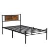 Twin XL Size metal bedframe,Headboard with wood panel decoration,black