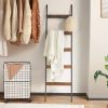 10-Tier Wooden Blanket Ladder with 5 Removable Hooks, Farmhouse Wall-Mounted Quilt Rack & Freestanding Towel Storage Shelf for Living Room and Bathroo