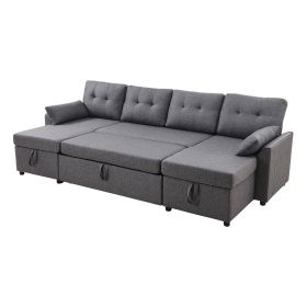 U Shaped Sofa Bed, Convertible Sofa Bed with 2 Side Pockets, 2 Pillows and Double Chaise, 6-Seat Pull Out Sleeper Couch with Large Storage Capacity fo