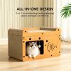 Cat Scratcher House with Bed and 2 Hanging Ball Toys, Wooden Cat Cave with Corrugated Scratching Board, Cute Fish and Heart Design Cat Hideaway Furnit