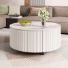 Modern Round Movable Coffee Table with Casters, 2 Drawers, Marble Pattern Sintered Stone Top, White, 29.5"