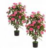 Set of 2 Artificial Rose Tree Blooming Flowers Green Leaves Indoor Decor Fake Rose Bushes for Home Decor