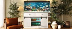 75 Gallon Fish Tank Stand with LED Light &Power Outlets, 55-75 Gallon Aquarium Stand with Sliding Fluted Doors, 2 Large Cabinet and Storage Shelves, C