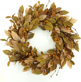 20-inch fall wreath adorned with brown magnolia leaves and small pomegranate berries, suitable for home, outdoor, farmhouse, porch, wall, and window d