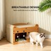 Cat Scratcher House with Bed and 2 Hanging Ball Toys, Wooden Cat Cave with Corrugated Scratching Board, Cute Fish and Heart Design Cat Hideaway Furnit