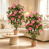 Set of 2 Artificial Rose Tree Blooming Flowers Green Leaves Indoor Decor Fake Rose Bushes for Home Decor