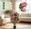 Set of 2 Artificial Rose Tree Blooming Flowers Green Leaves Indoor Decor Fake Rose Bushes for Home Decor