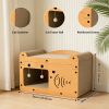 Cat Scratcher House with Bed and 2 Hanging Ball Toys, Wooden Cat Cave with Corrugated Scratching Board, Cute Fish and Heart Design Cat Hideaway Furnit
