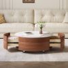Modern Round Movable Coffee Table with Casters, 2 Drawers, Marble Pattern Sintered Stone Top, Walnut, 29.5"