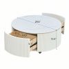 Modern Round Movable Coffee Table with Casters, 2 Drawers, Marble Pattern Sintered Stone Top, White, 29.5"