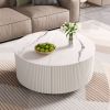 Modern Round Movable Coffee Table with Casters, 2 Drawers, Marble Pattern Sintered Stone Top, White, 29.5"