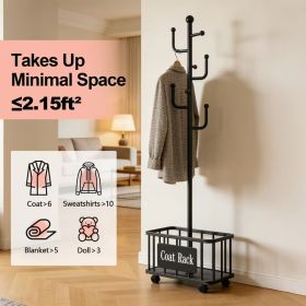 2 in 1 Rolling Coat Rack with Metal Storage Basket, Freestanding Garment Rack with 7 Hooks and 4 Wheels, Space Saving Clothes Organizer for Entryway,