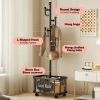 2 in 1 Rolling Coat Rack with Metal Storage Basket, Freestanding Garment Rack with 7 Hooks and 4 Wheels, Space Saving Clothes Organizer for Entryway,
