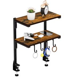 2 Tier Adjustable Clamp-On Desk Shelf, Metal Desktop Extension Organizer with Over Desk and Under Desk Storage, 13 Inch Desk Rack for Office, Home Wor