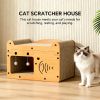 Cat Scratcher House with Bed and 2 Hanging Ball Toys, Wooden Cat Cave with Corrugated Scratching Board, Cute Fish and Heart Design Cat Hideaway Furnit