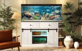 75 Gallon Fish Tank Stand with LED Light &Power Outlets, 55-75 Gallon Aquarium Stand with Sliding Fluted Doors, 2 Large Cabinet and Storage Shelves, C