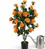 39.5 Inch Artificial Camellia Tree with Orange Blossoms in Cement Pot for Home Decor Faux Plant with Realistic Flowers