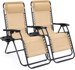 Set of 2 Zero Gravity Lounge Chairs, Outdoor Patio Folding Recliners for Pool Beach with Pillow and Cup Holder (Color: Khaki)