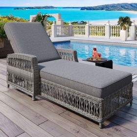 Outdoor Long Reclining Chaise, Wicker Lounge with Armrests, Patio Adjustable Recliner with Soft Removable Cushions, All Weather Rattan Pool Lounge for (Color: Grey)