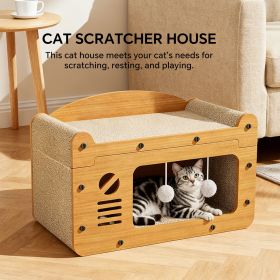 Indoor cat scratching board house, sturdy frame 2-in-1 cat furniture, resting bed and scratching post, large cardboard cat hiding place with teasing t (Color: C-SFDS56)