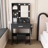 Vanity Table with Mirror & Adjustable LED Lights, Power Outlet, Hairdryer Holder & Stool â€“ Compact Dressing Desk for Small Bedrooms