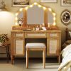 44.37 " Makeup Vanity Desk with 13 Hollywood Bulbs and 3 Lighting Modes, Dressing Table with Tri-Fold Mirror Large Vanity Table with 5 Drawers and She