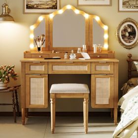 44.37 " Makeup Vanity Desk with 13 Hollywood Bulbs and 3 Lighting Modes, Dressing Table with Tri-Fold Mirror Large Vanity Table with 5 Drawers and She (Color: Natural)