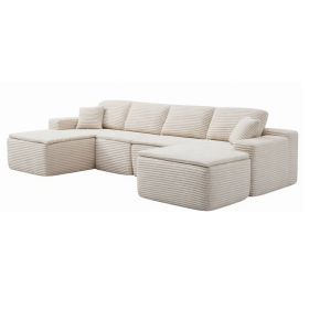 134" Modern Minimalist Modular Sectional Couch with Seat Cushion & Ottoman, Comfort L Shaped Sofa for Living Room, No Assembly Required (Color: Beige-with Seat Cushion & Ottoman, Orientation: 4-seater Left Hand Facing)