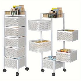 Rotating Kitchen Storage Shelf 5 Tier, Metal Fruit Vegetable Storage Basket Multi-Layer Vegetable Rack Storage Trolley on Wheels, Floor-Standing Baske (Color: White)