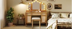 44.37 " Makeup Vanity Desk with 13 Hollywood Bulbs and 3 Lighting Modes, Dressing Table with Tri-Fold Mirror Large Vanity Table with 5 Drawers and She