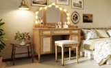 44.37 " Makeup Vanity Desk with 13 Hollywood Bulbs and 3 Lighting Modes, Dressing Table with Tri-Fold Mirror Large Vanity Table with 5 Drawers and She