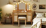 44.37 " Makeup Vanity Desk with 13 Hollywood Bulbs and 3 Lighting Modes, Dressing Table with Tri-Fold Mirror Large Vanity Table with 5 Drawers and She