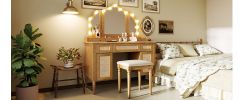 44.37 " Makeup Vanity Desk with 13 Hollywood Bulbs and 3 Lighting Modes, Dressing Table with Tri-Fold Mirror Large Vanity Table with 5 Drawers and She